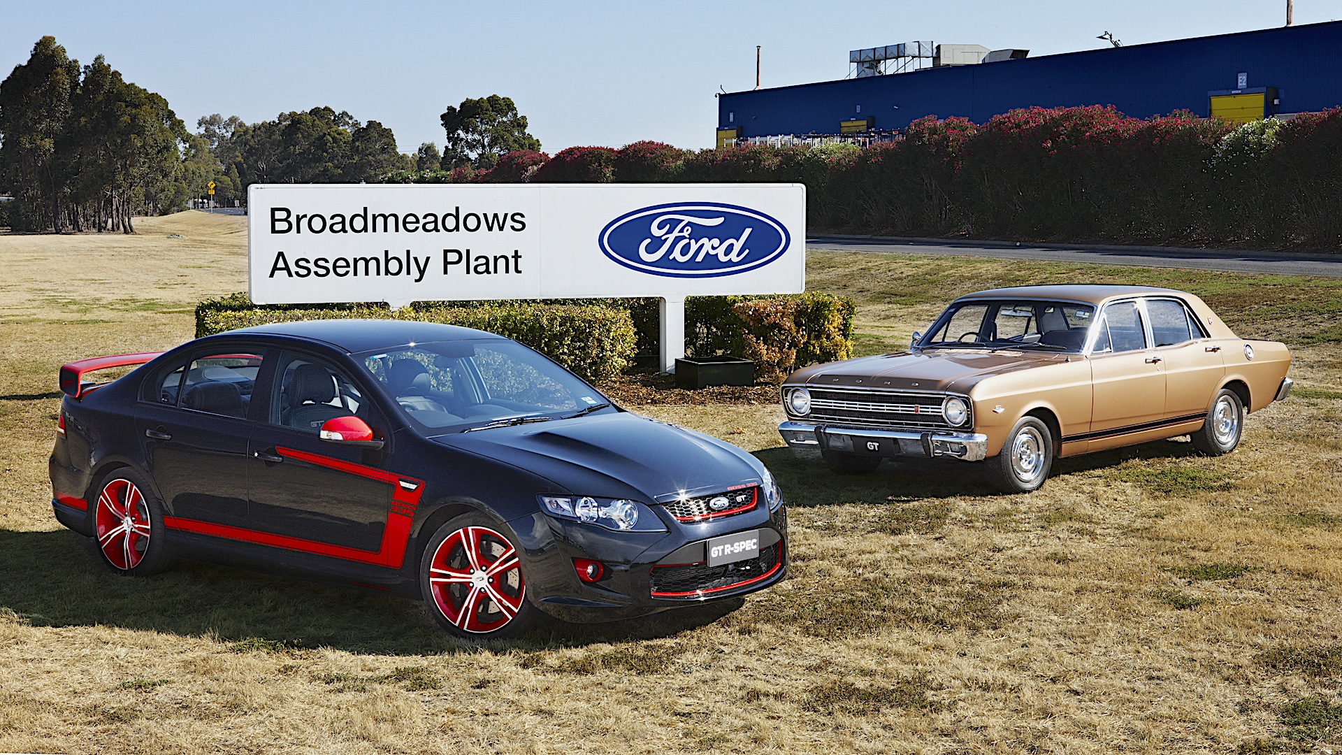 Ford Falcon FG MKII FPV GT R-SPEC and 1967 XR GT at Broadmeadows Assembly Plant Sign