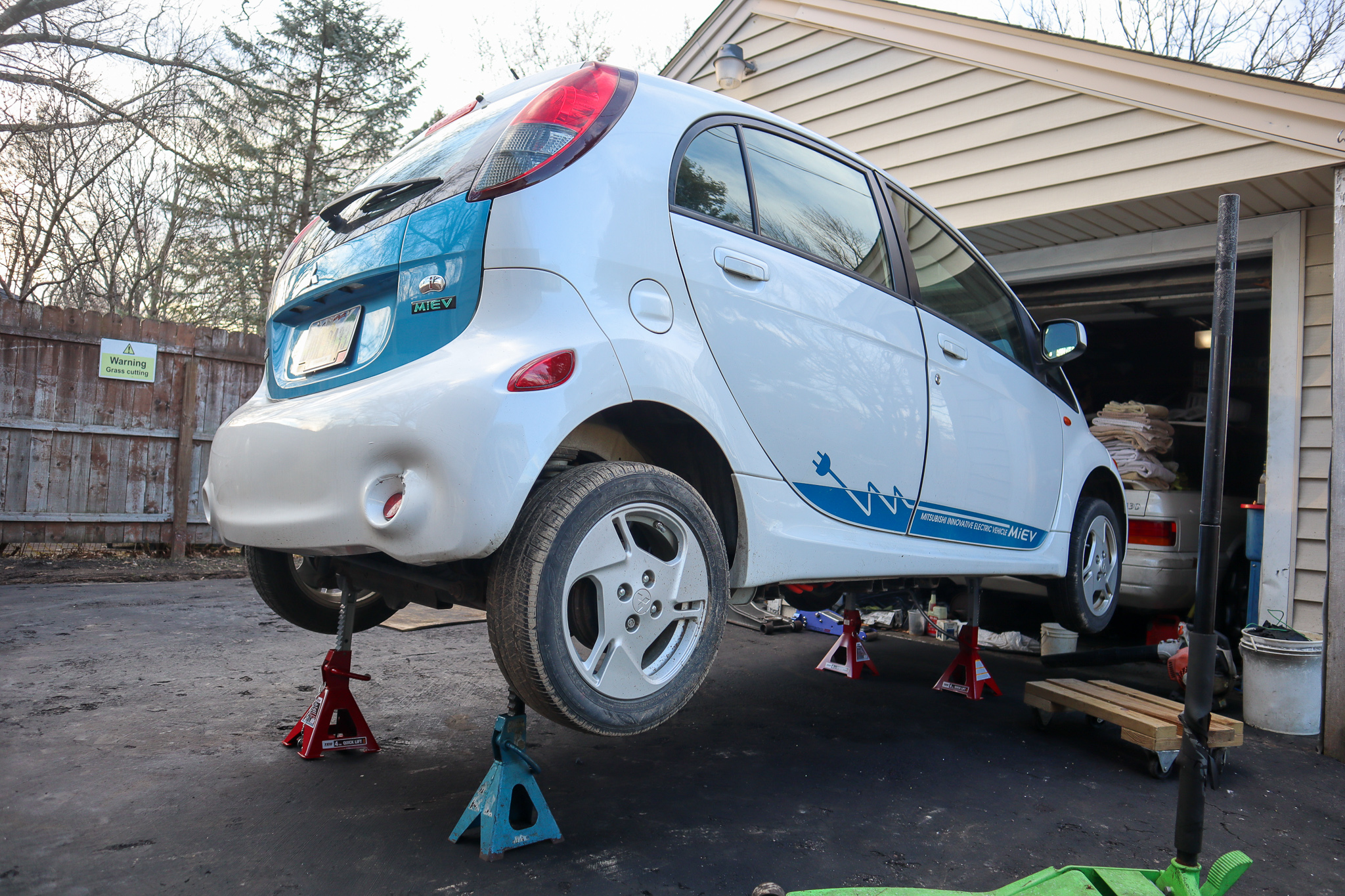 i-MiEV on four jackstands