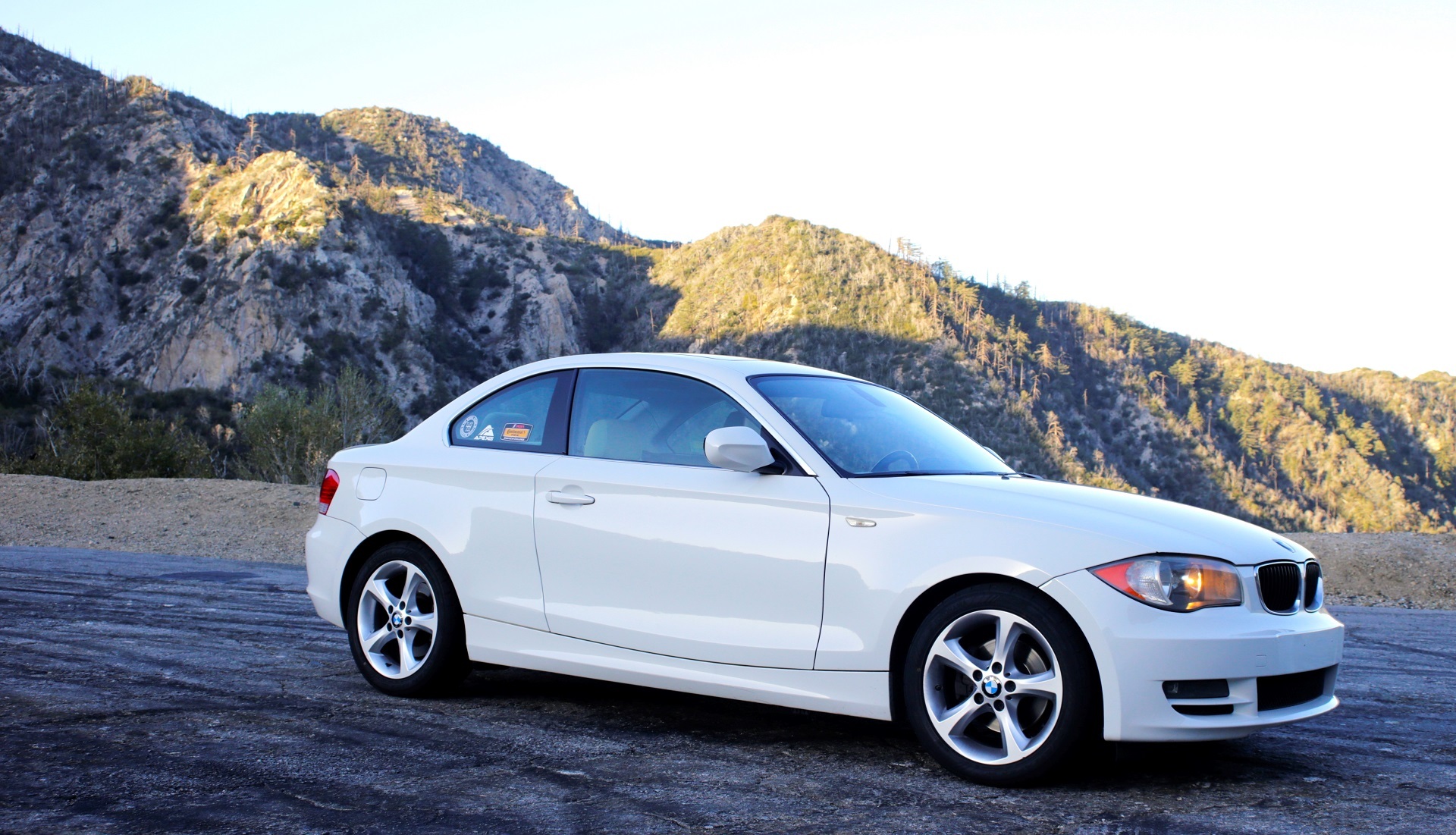 A white BMW sports coupe.