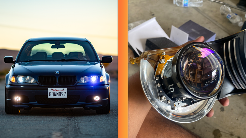 A 50-50 image of the front of a 2004 BMW 330i sedan on the left with a headlight projector on the right.