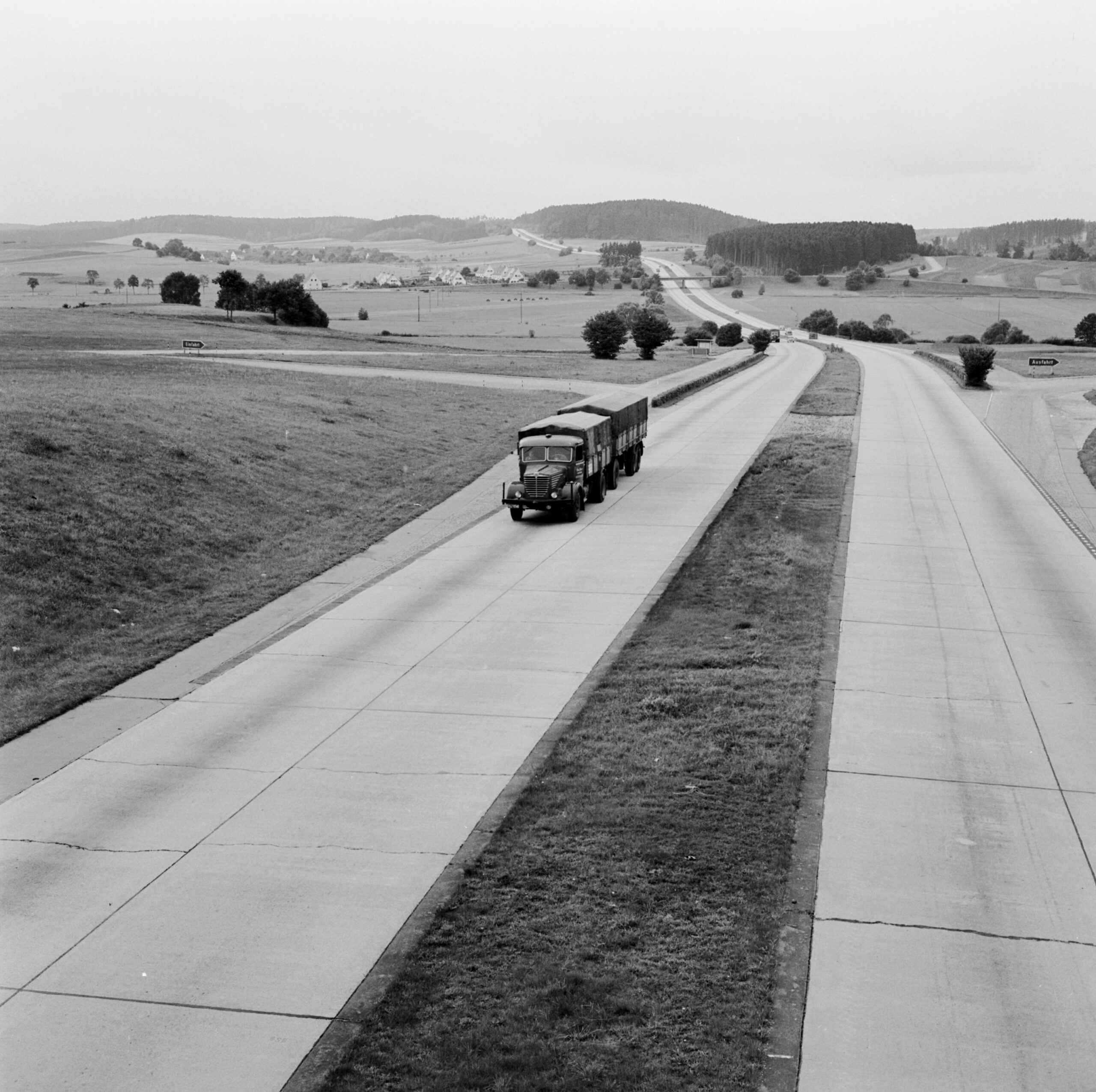 The German Autobahn, the world's first truly modern road network, built in the 1930's. A section of the road between Ulm and Stuttgart.