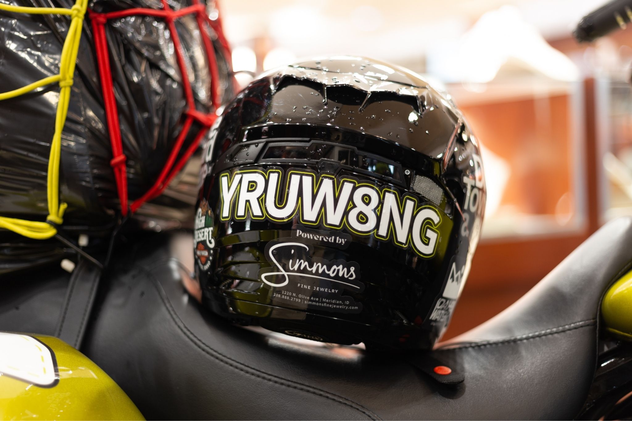 motorcycle helmet with YRUW8NG on it