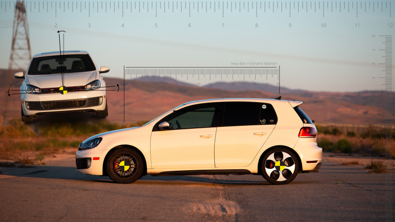 A side shot of a white 2010 Volkswagen GTI. In the upper left corner, a slightly transparent front shot of the same car depicts body roll with a series of lines. All along the edges of the image, there are rulers.