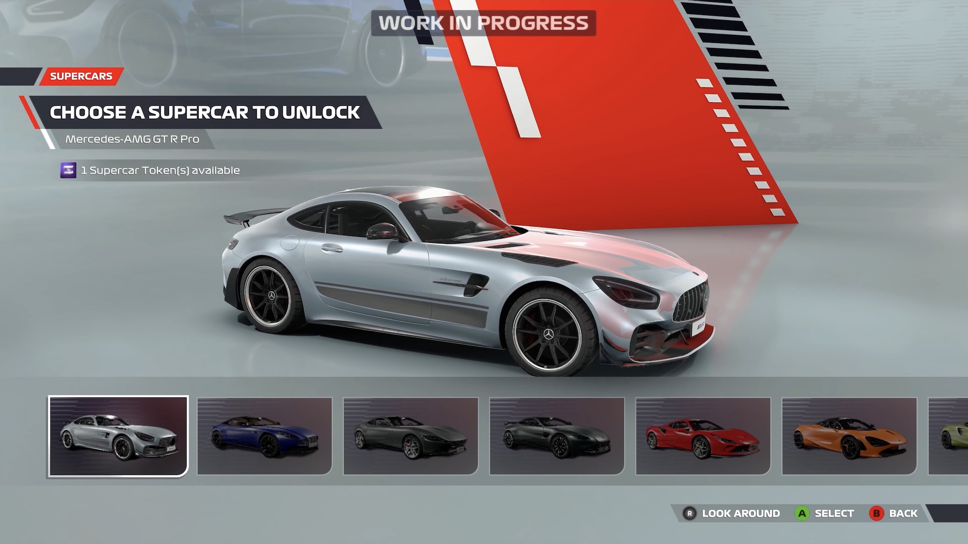 A silver Mercedes-AMG GT R Pro is part of a car selection screen within F1 22.