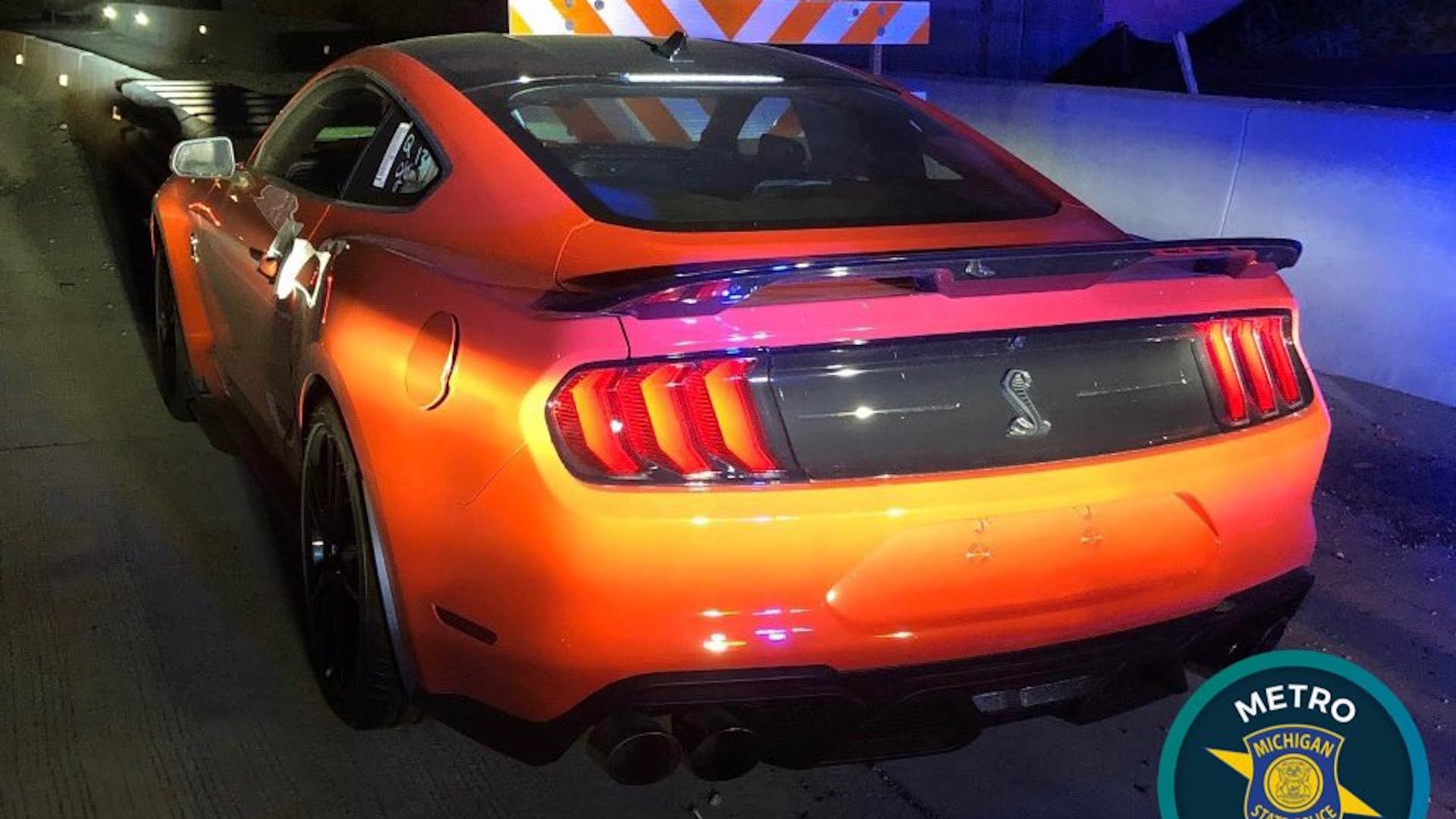 An orange 2022 Ford Mustang Shelby GT500 found by police after running out of gas