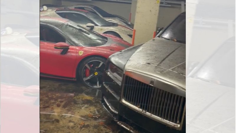 cars in flooded parking garage