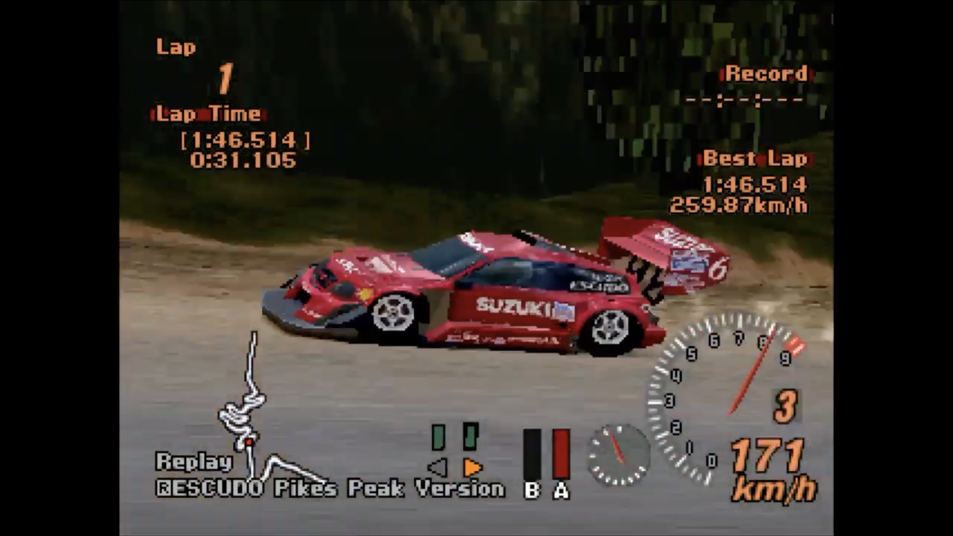 A Suzuki Escudo Pikes Peak races along in a Gran Turismo 2 replay.