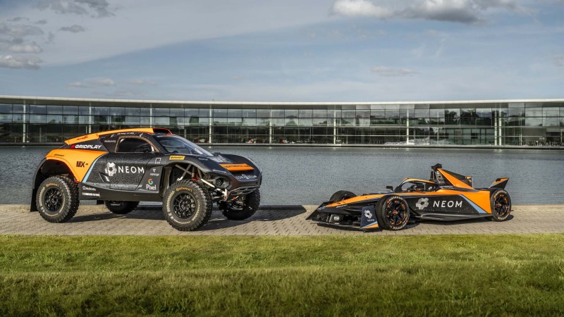 The McLaren Extreme E and Formula E Gen3 cars outside the McLaren Technology Centre