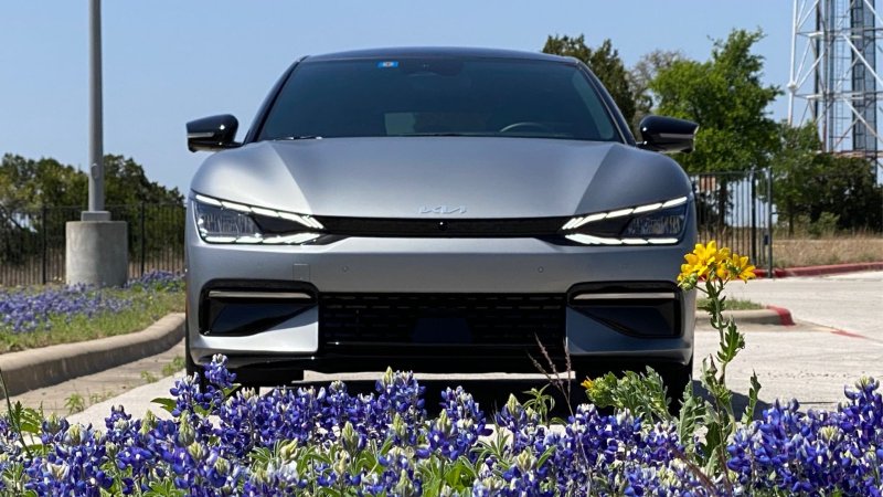 Silver Kia behind blue wildflowers