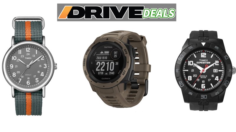 Three watches: two Timex and a Garmin Instinct.