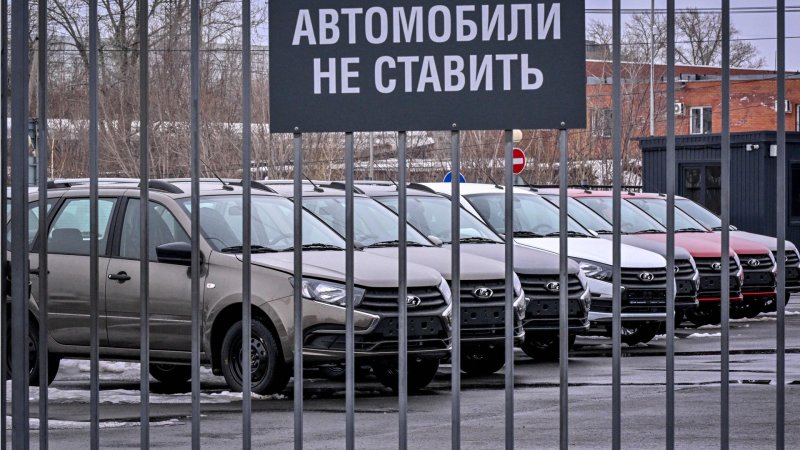 Lada cars waiting in a car park after sanctions