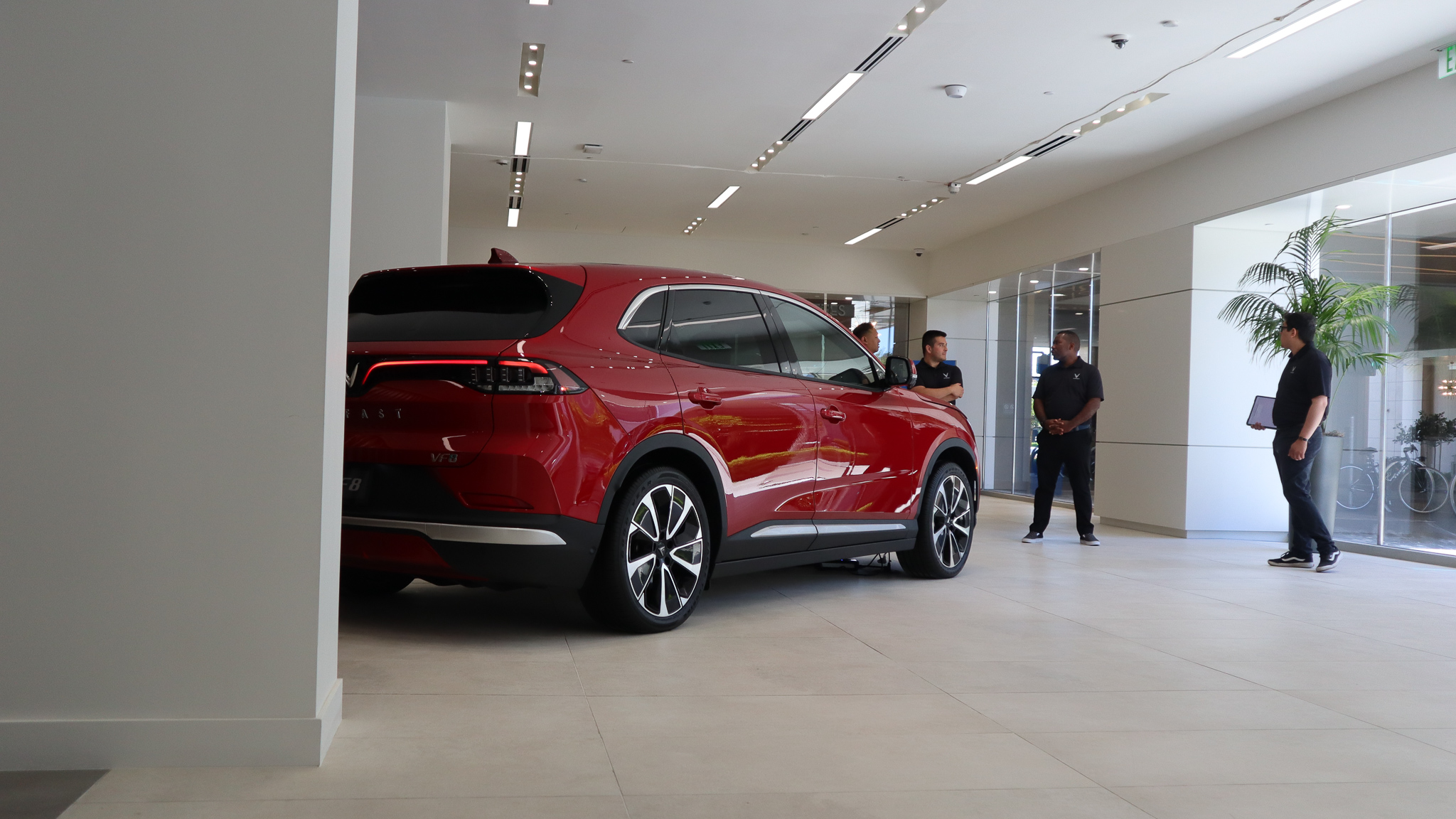 Vinfast VF8 inside showroom, rear view