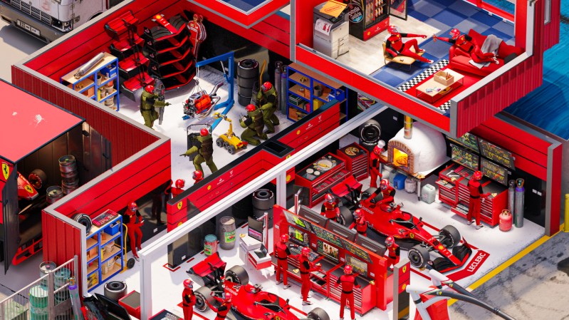 Parody cutaway illustration of the Ferrari Formula 1 garage