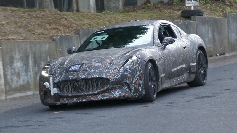 A Maserati Gran Turismo Folgore camoflaged and testing at the Nurburgring.