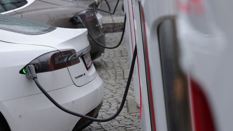 A Tesla Model S charging at a Tesla Supercharger