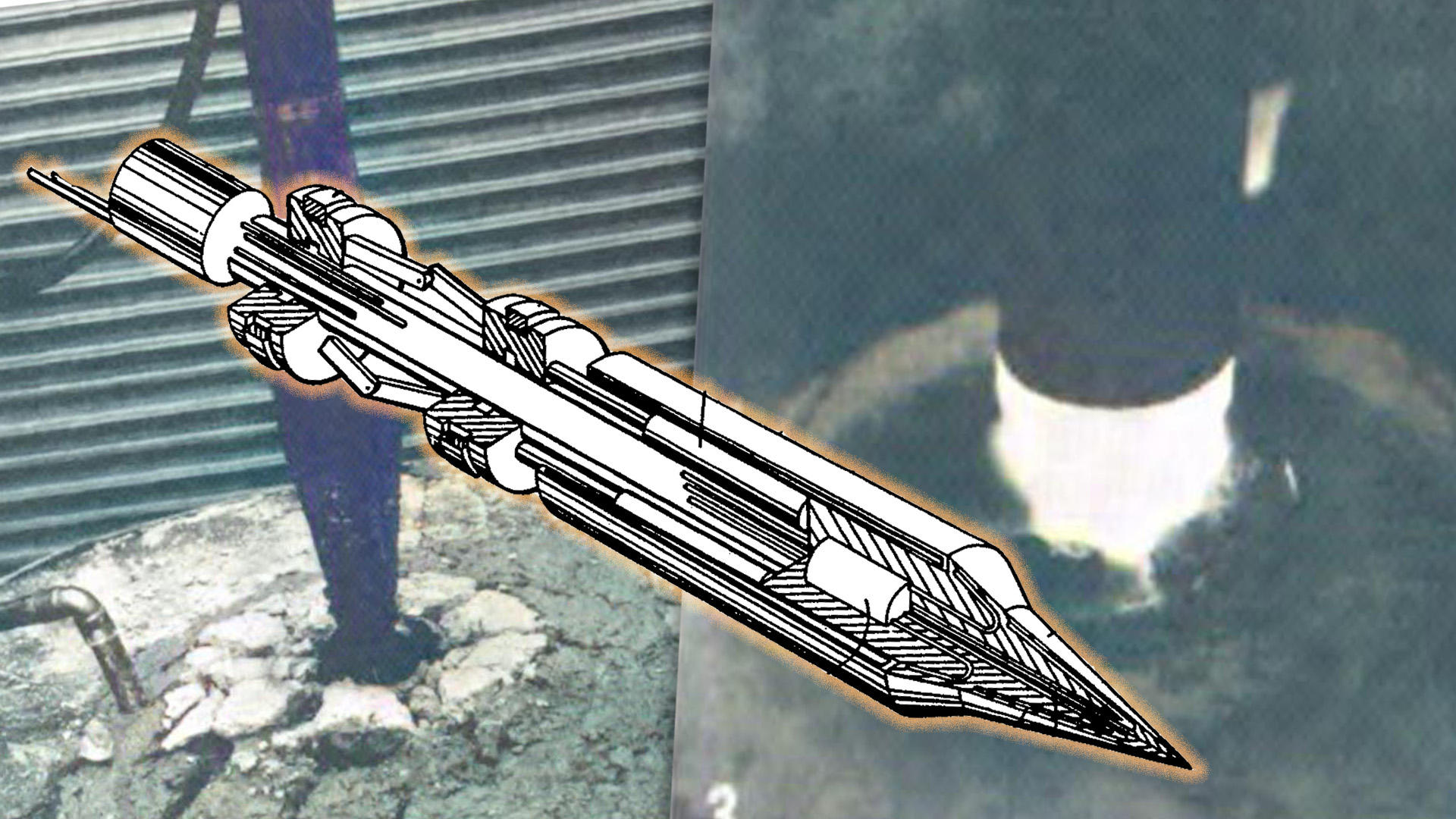 Nuclear subterrene patent illustration flanked by electrical prototypes