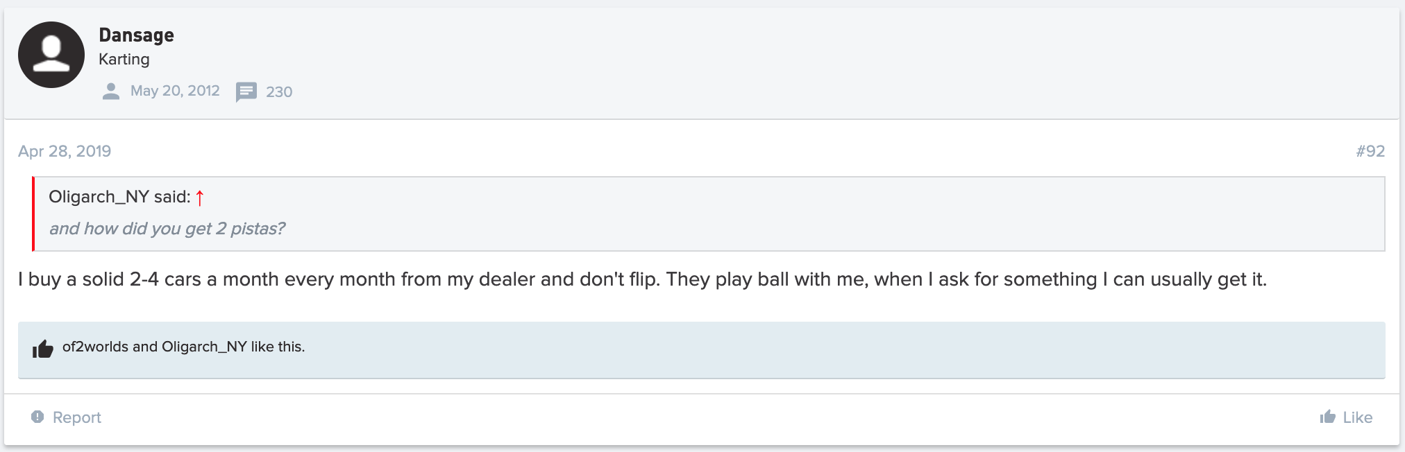 Screenshot of a conversation on FerrariChat regarding how Lesin got such rare cars.