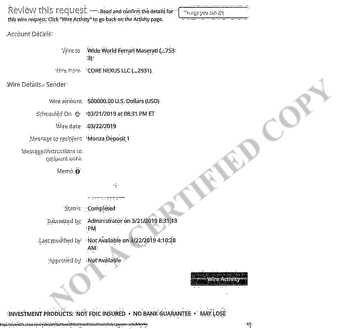 Faked screenshots of wire transfers Lesin gave to Pittack and Veltracon