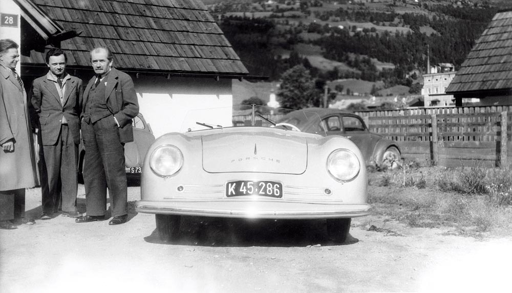 Erwin Komenda, Ferry Porsche and Ferdinand Porsche with 356 No. 1, the first Porsche car.