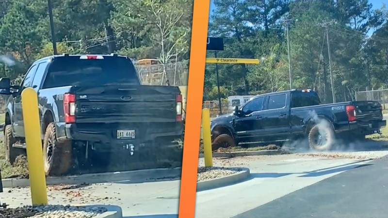 Watch a Ford Super Duty Driver Bury Their Truck Trying to Cut Drive-Thru Line