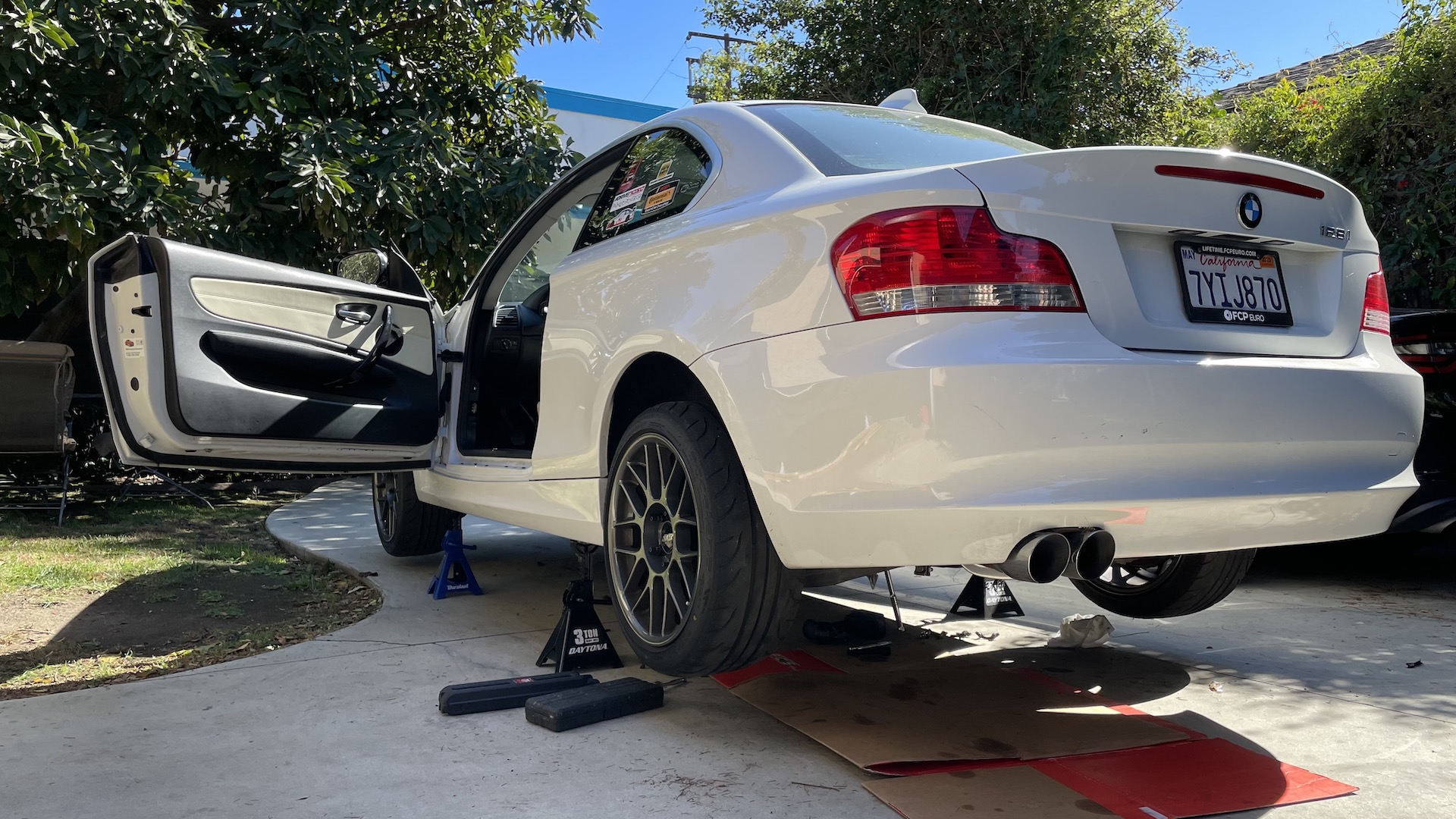 E82 BMW 128i on jack stands