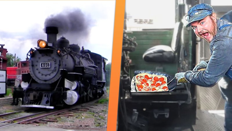 Colorado Railroad Museum engineer Mark Huber holds a pizza he baked in a restored steam locomotive