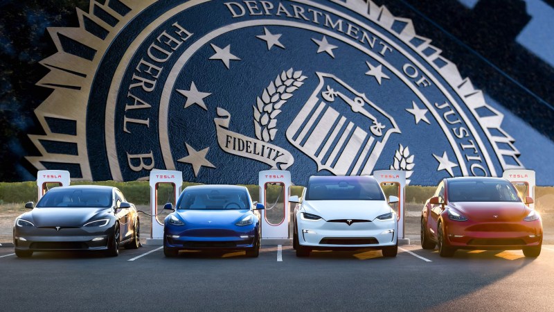 Tesla products against a background of the US DOJ's seal