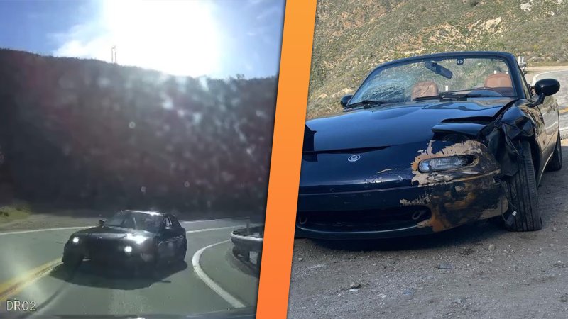 Idiot BMW Driver Smashes Into Mazda Miata After Crossing Double Yellow on Canyon Road