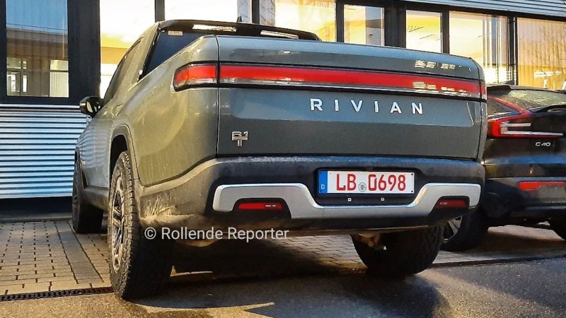 Rivian R1T parked at Mercedes-AMG headquarters in 2023