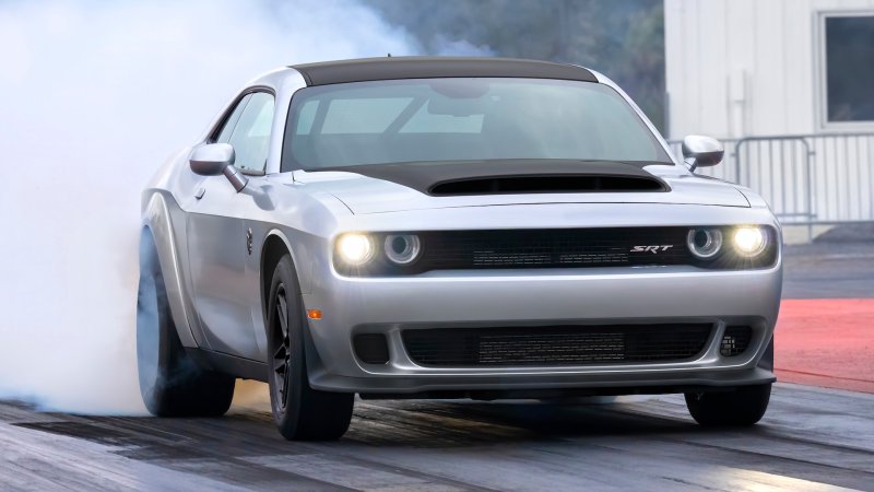 2023 Dodge Challenger SRT Demon 170 does a burnout at a drag strip