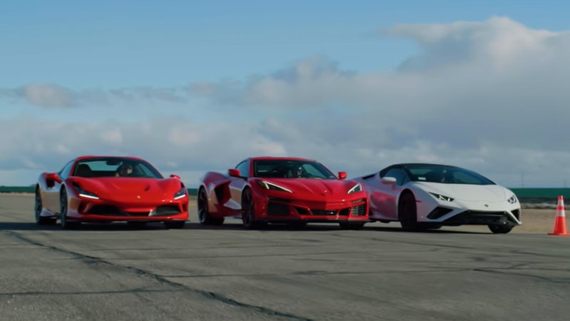 Watch a Corvette E-Ray Scorch a Ferrari F8, Lamborghini Huracan at the Drag Strip