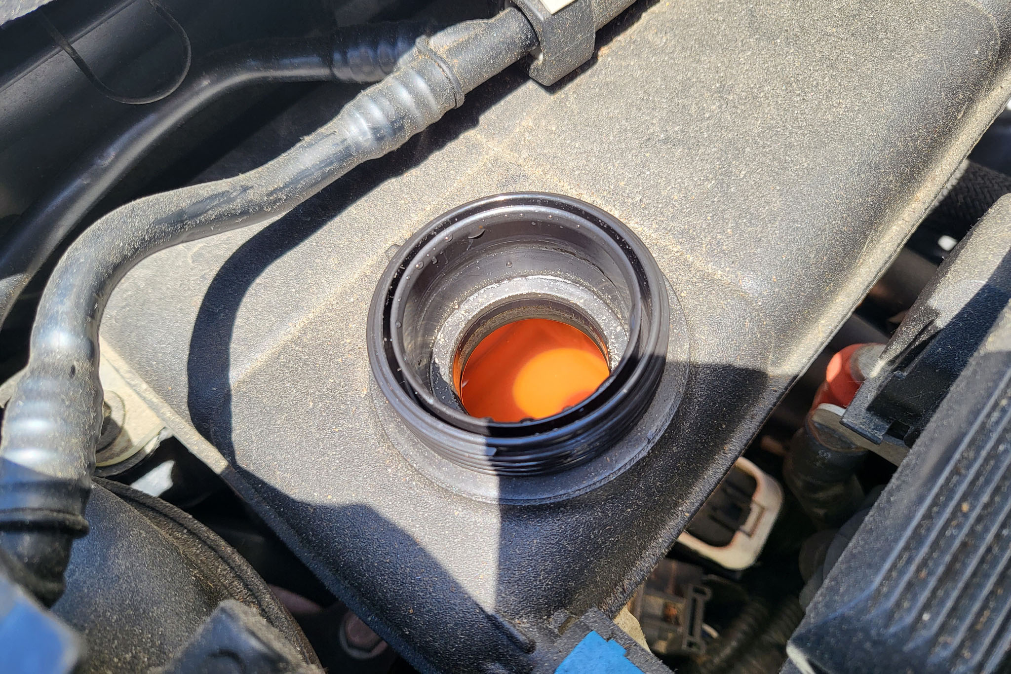 Checking the coolant level.