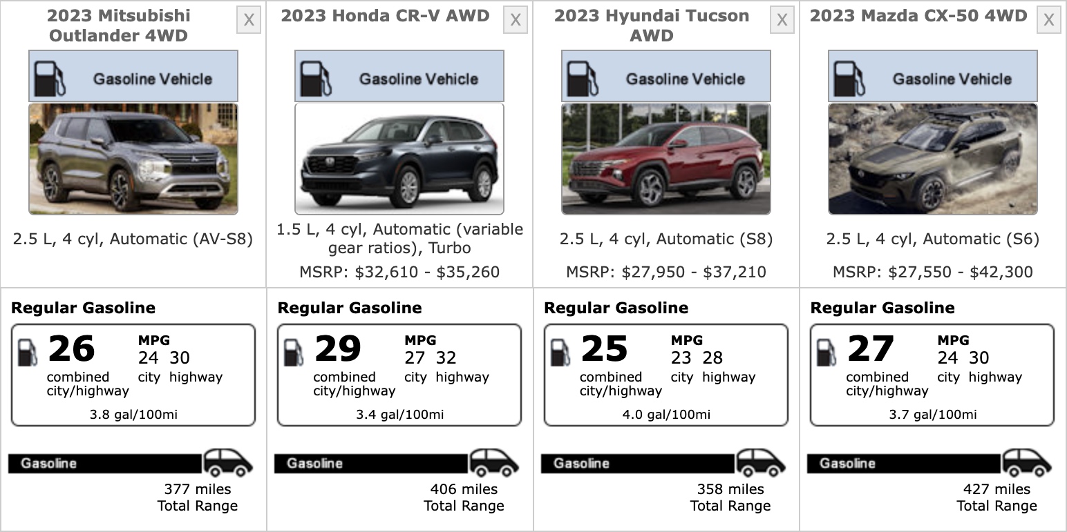 2023 Mitsubishi Outlander SEL S-AWC fuel economy compared to its competition