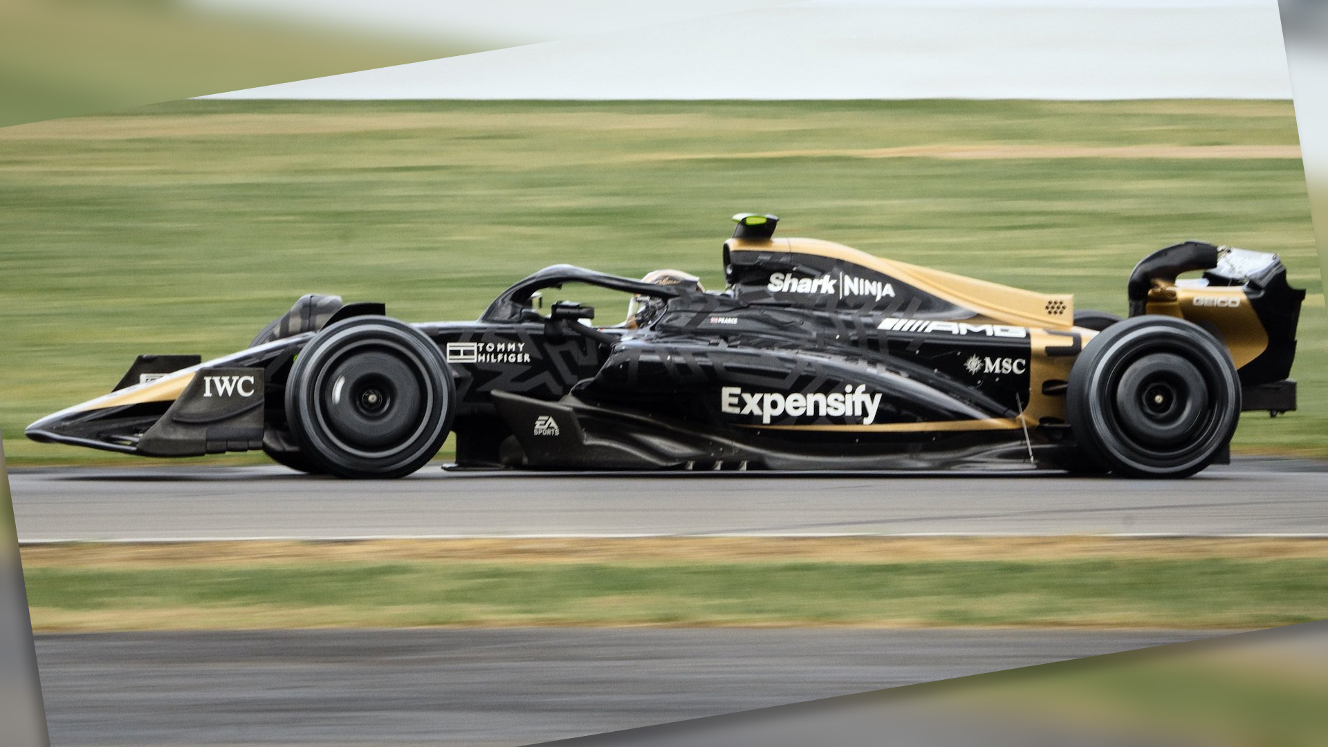 Brad Pitt drives a mock F1 car at Silverstone Circuit