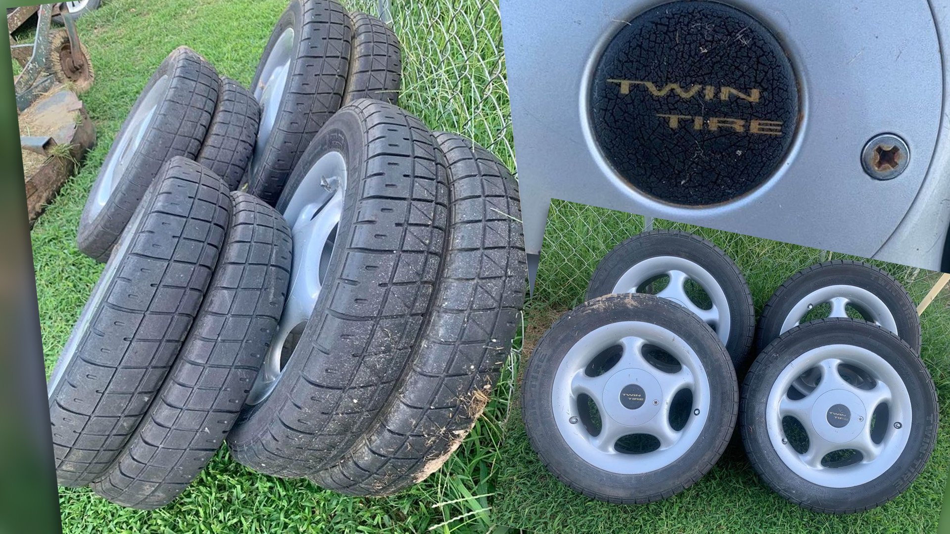 JJD Twin Tires for sale on Facebook. The side profile shows two tires mounted on a single wheel.