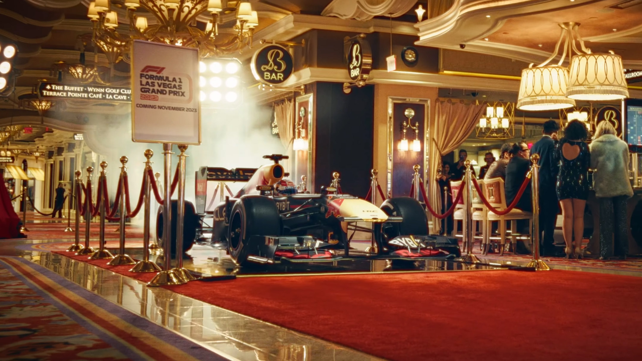 Sergio Perez sets off in his F1 car in a Las Vegas casino.