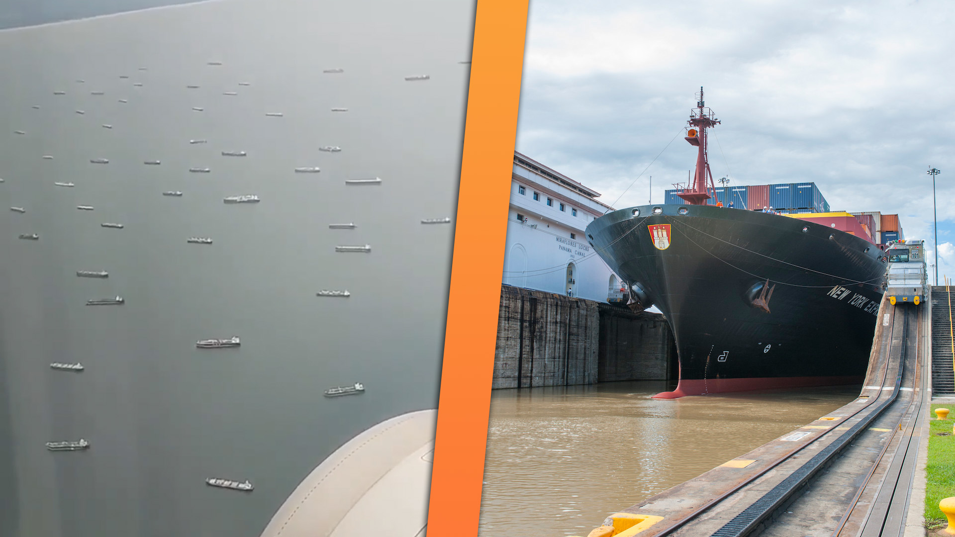 Idle cargo ships scattered in the ocean outside the Panama Canal (left) a container ship traverses locks in the Panama Canal in 2010 (right)