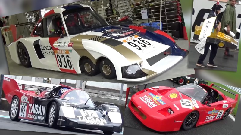 K4-GP cars, including a six-wheeled Porsche 935 tribute with four front wheels, a Porsche 962 clone, and a Ferrari F40 GT