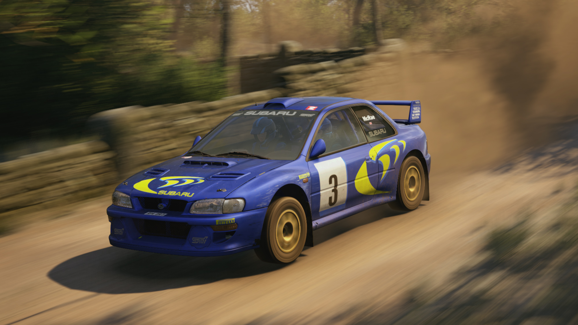 A Subaru Impreza WRC car on a rally stage in EA Sports WRC.