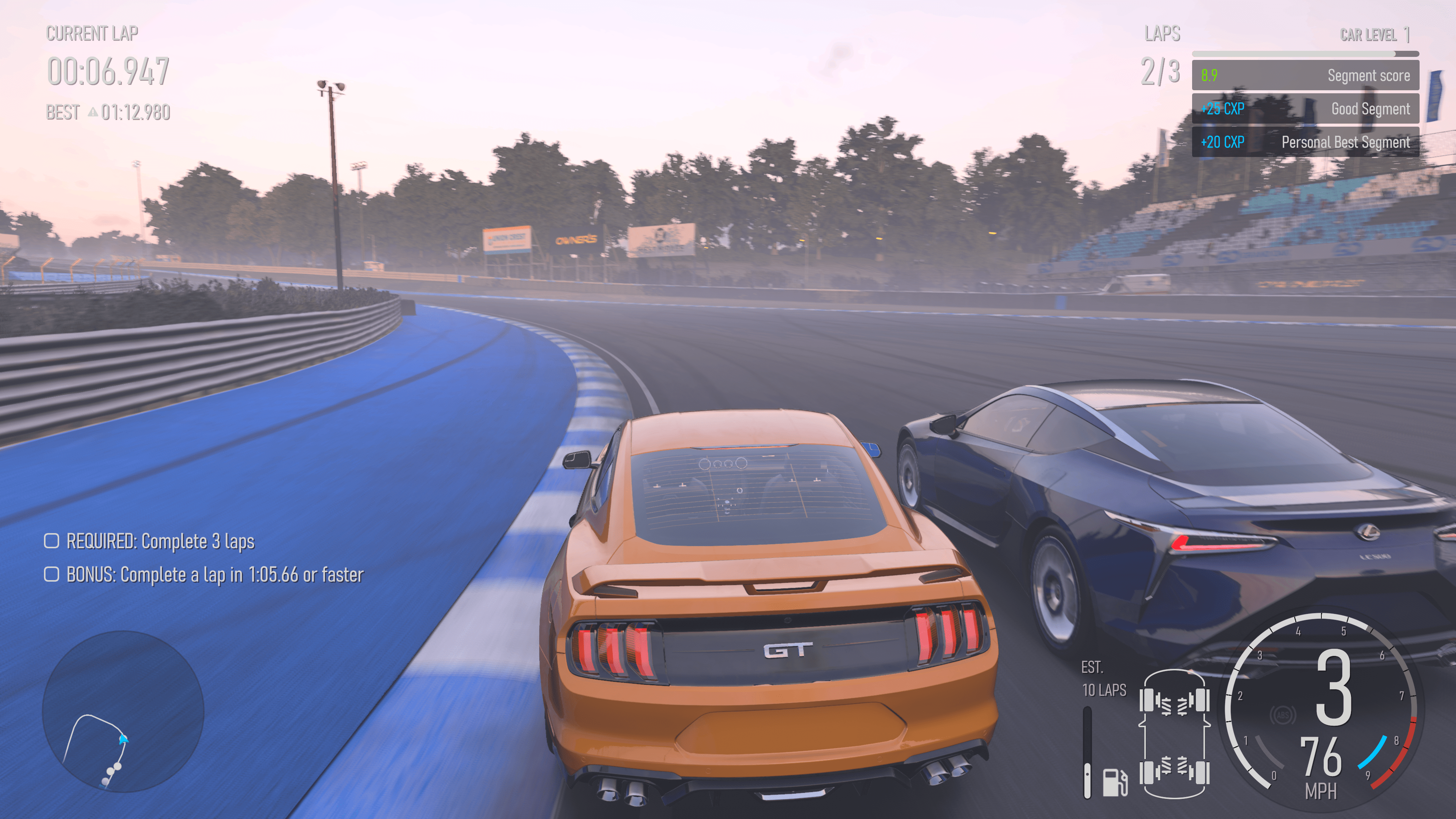 A screenshot of Forza Motorsport (2023) showing a Ford Mustang GT attempting to overtake a Lexus LC500 in a corner.