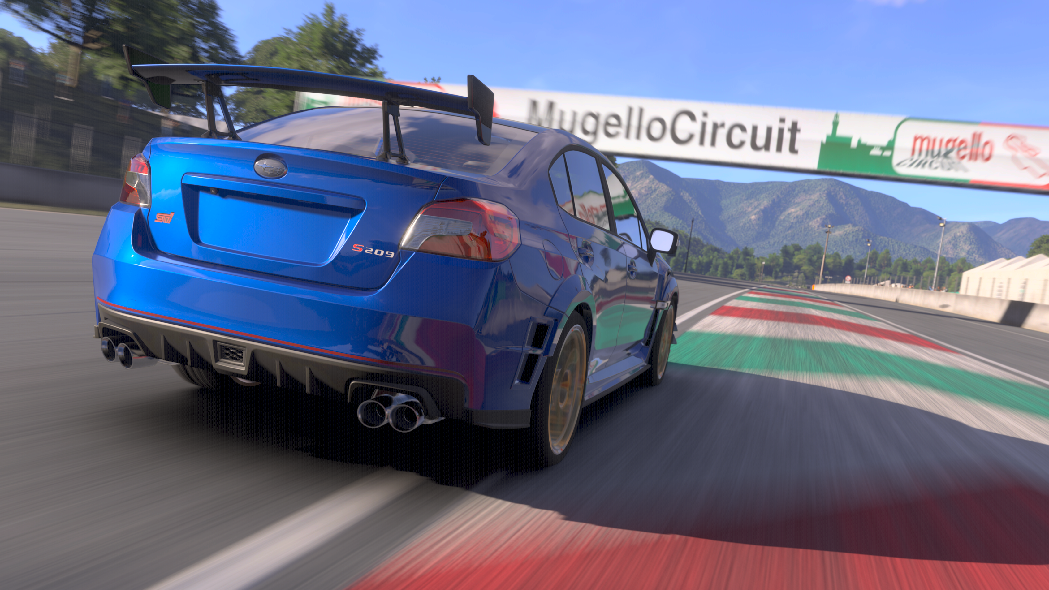 A photo taken in Forza Motorsport (2023) showing a Subaru WRX STI S209 at the Mugello Circuit.