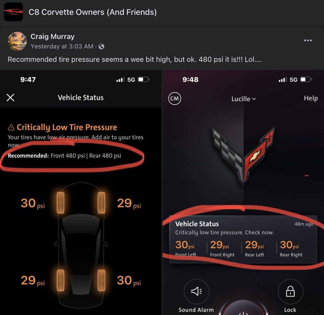 A Chevrolet Corvette owner shares a screen capture of the tire pressure glitch. The app recommends inflating both axles to 480 psi.