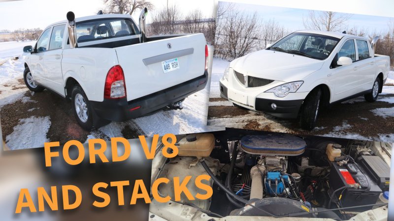 Ssangyong Actyon Sports pickup truck in white against a snowy background. A photo of the engine bay shows a carbureted Ford 302 V8.