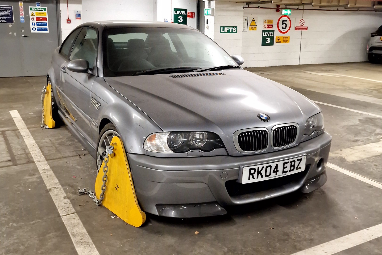 2004 BMW M3 CSL formerly neglected in a London parking garage.