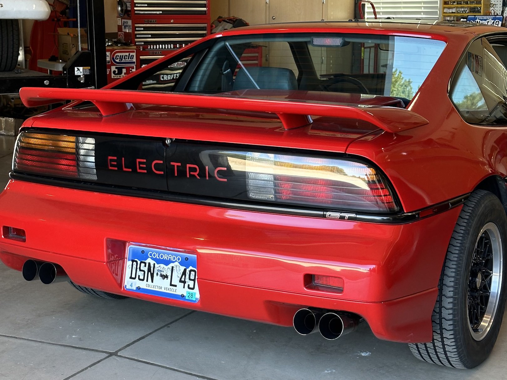 1988 Pontiac Fiero GT EV by Classic EV Conversions. The rear panel says "electric" instead of Pontiac.