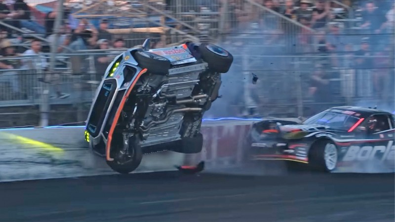 Watch an 1,100-HP Ford Mustang Ride the Wall in Wild Formula Drift Crash