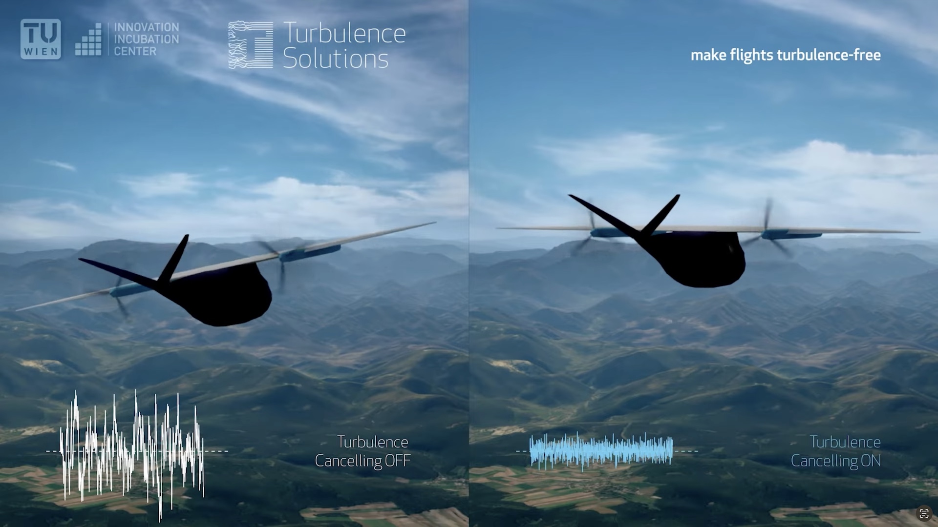 Two rendered aircraft, one experiencing turbulence, another shrugging it off