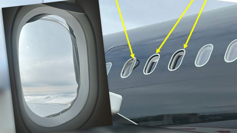 An airliner missing windows, plus a view from inside