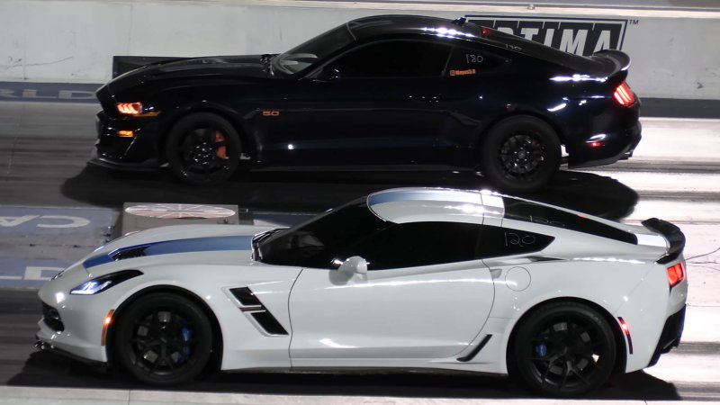 Ford Mustang vs C7 Corvette Drag Race Ends, How Else, With the Mustang in the Wall