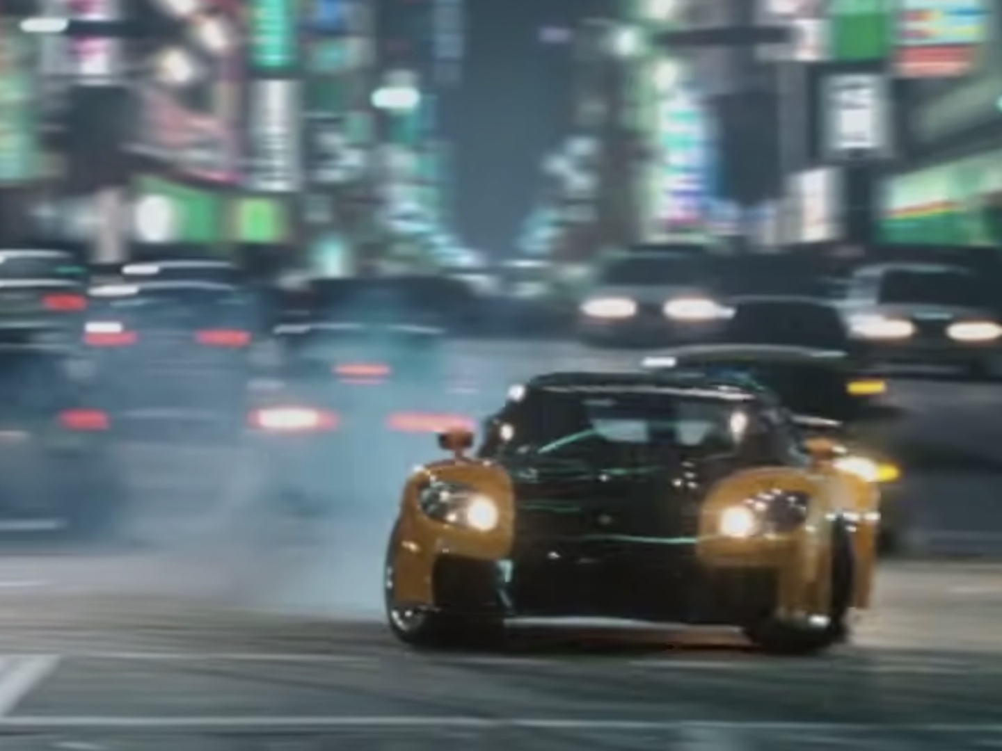 Han drifts his Veilside Mazda RX-7 in "The Fast and the Furious: Tokyo Drift"